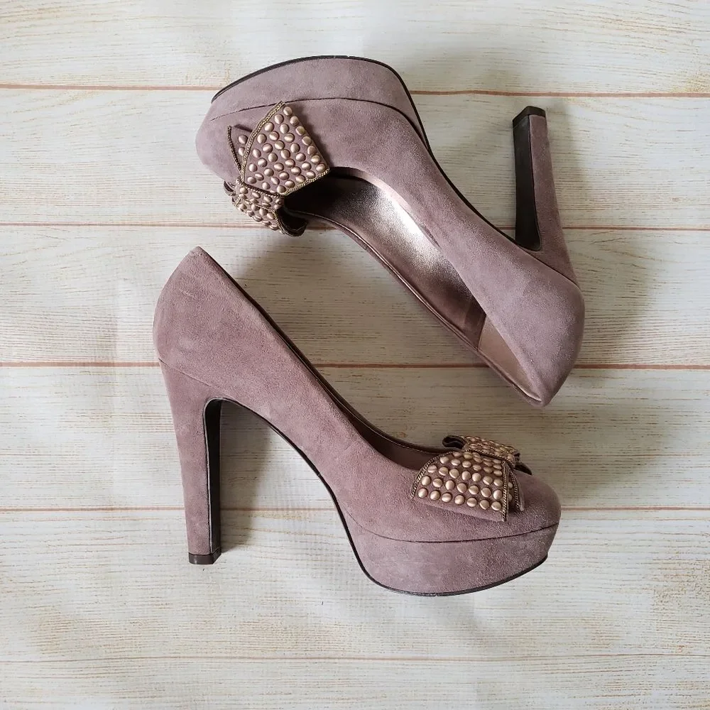 Nine West Memorie Suede Leather Round Toe Bow Platform Heels Pink Size 7 1/2M